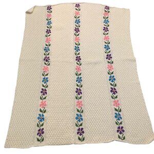 Handmade Crocheted Knit Embroidered Granny Throw Blanket White Floral Stripes 48